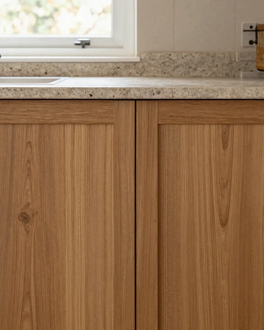 Close detail of wood cabinet doors meeting a stone worktop in a modular kitchen, soft natural window light, warm wood an