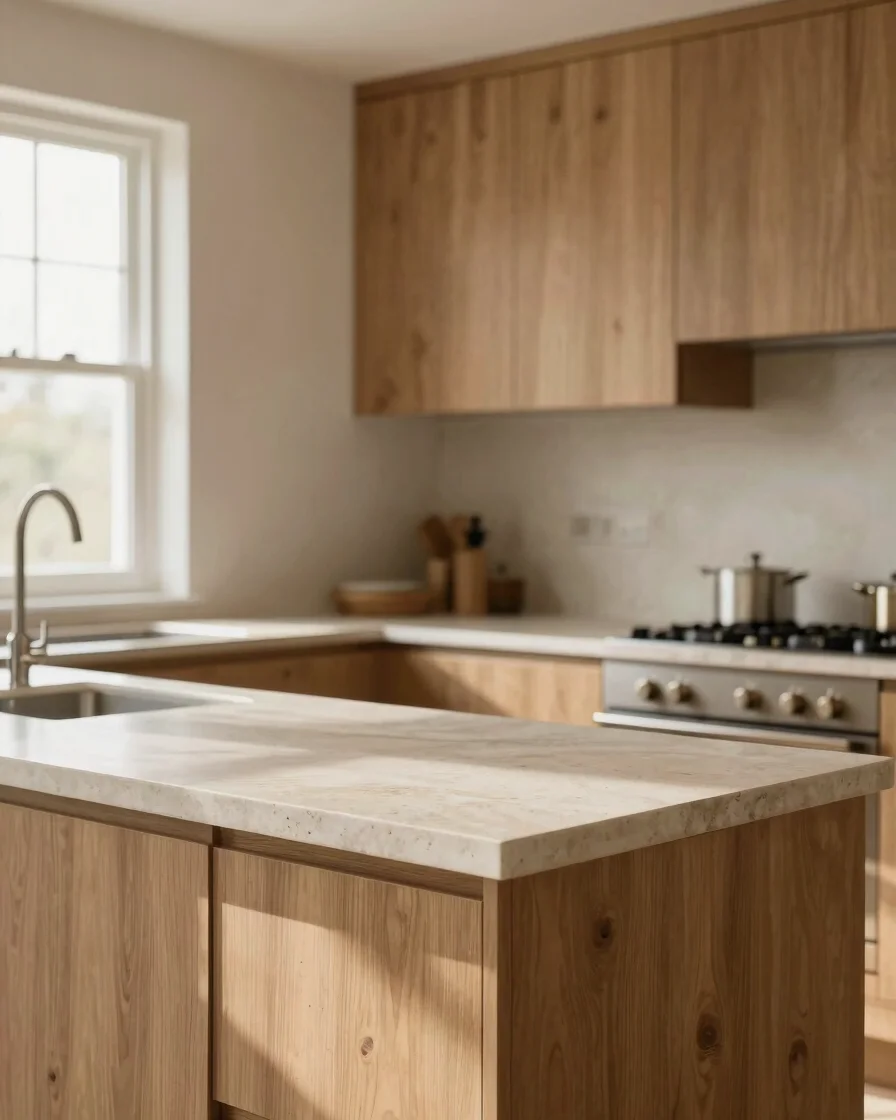 Warm modular kitchen interior in natural oak cabinetry with a honed stone counter, soft natural window light from the le